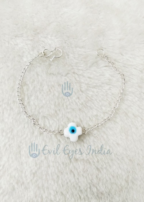 White Petal Evil Eye Bead with Silver Colored Chain