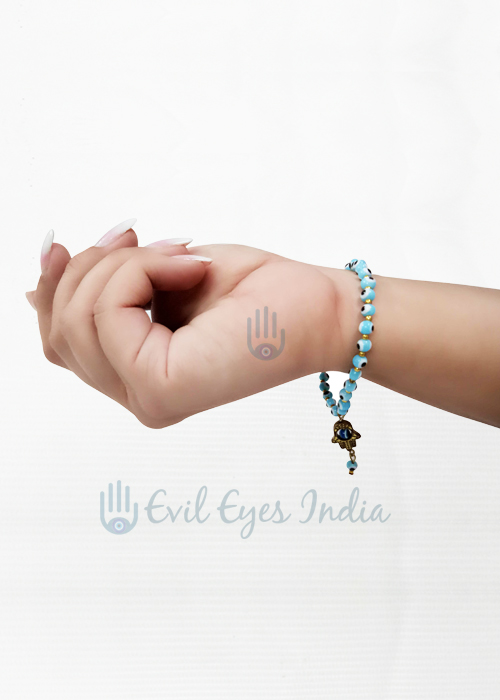 Turquoise colored Evil Eye Beads Bracelet with Hamsa Hand