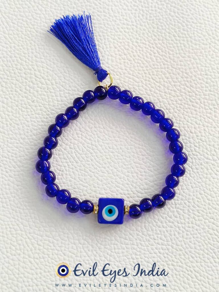 Blue Evil Eye Square Bead With Tassel Bracelet