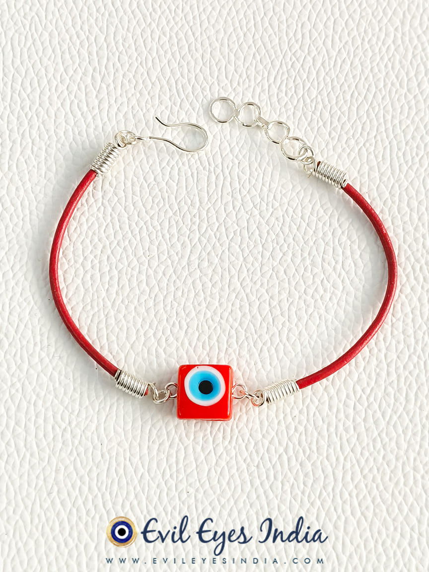 Red Square Evil Eye Leather Bracelet