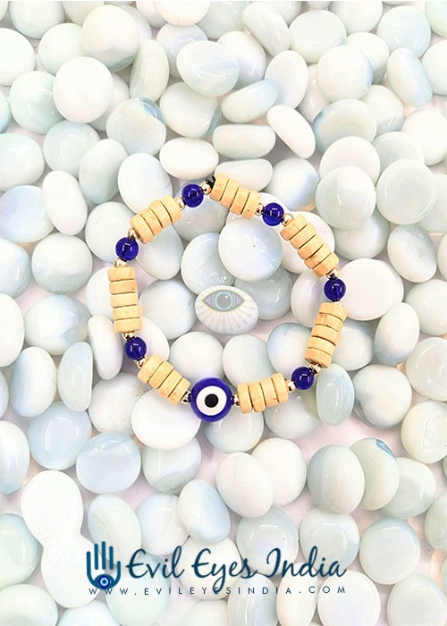 Blue Bead Evil Eyes Bracelet with Wooden Beads