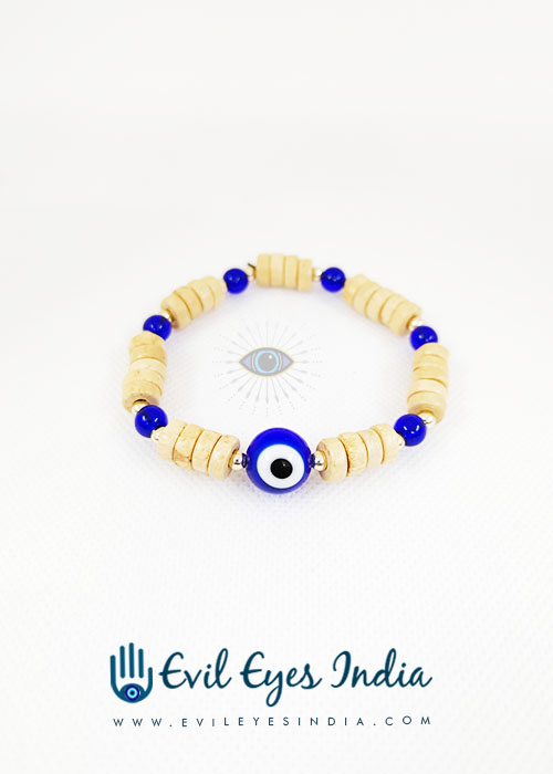 Blue Bead Evil Eyes Bracelet with Wooden Beads