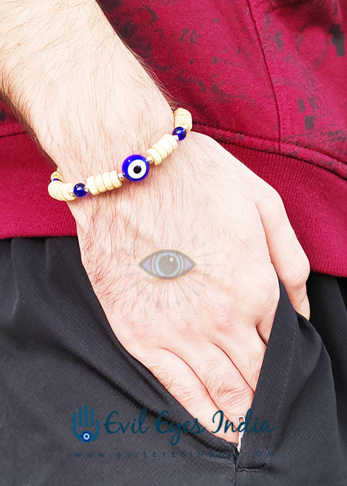 Blue Bead Evil Eyes Bracelet with Wooden Beads