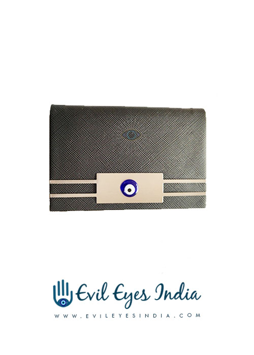 Leather Visiting Card Holder With Evil Eye -Black