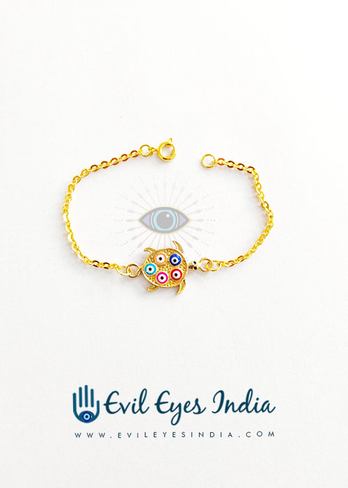 Turtle With Multi Colored Evil Eye Beads Bracelet For Young Kids