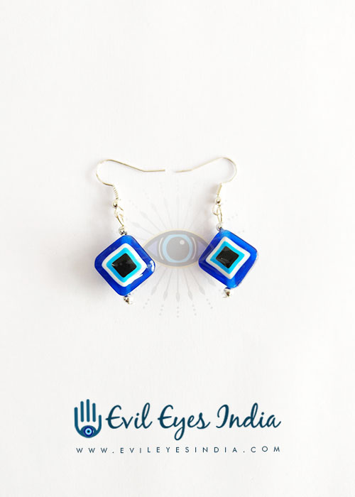 Square Evil Eye Earrings With Silver Droplets