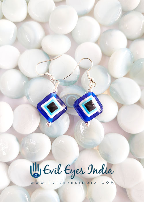 Square Evil Eye Earrings With Silver Droplets