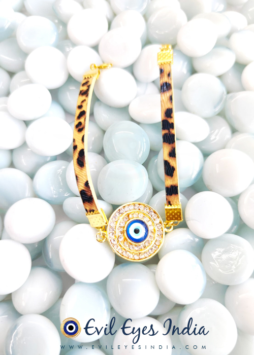 Big Evil Eye Bead Bracelet in Tiger Print Faux Leather Strap