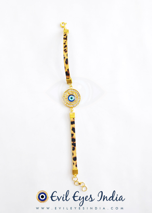 Big Evil Eye Bead Bracelet in Tiger Print Faux Leather Strap