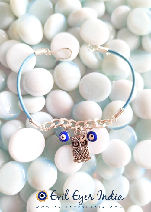 Evil Eyes Bracelet with Owl in Chain and Faux Leather String