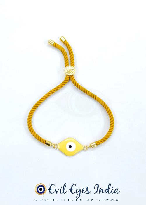 Yellow Bead Evil Eye Bracelet in Handmade Adjustable Cord - Mustard