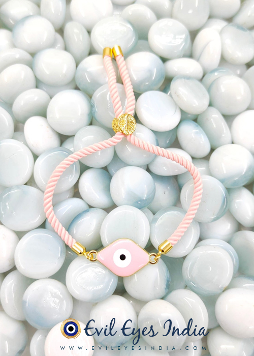 Pink Bead Evil Eye Bracelet in Handmade Adjustable Cord