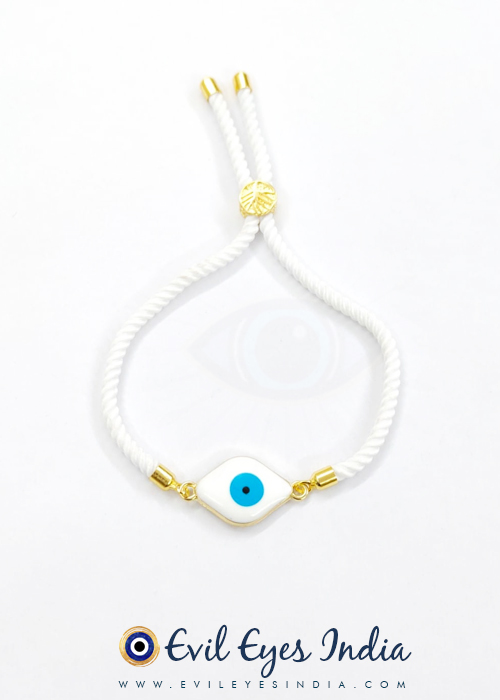 White Evil Eye Bracelet in Handmade Adjustable Cord