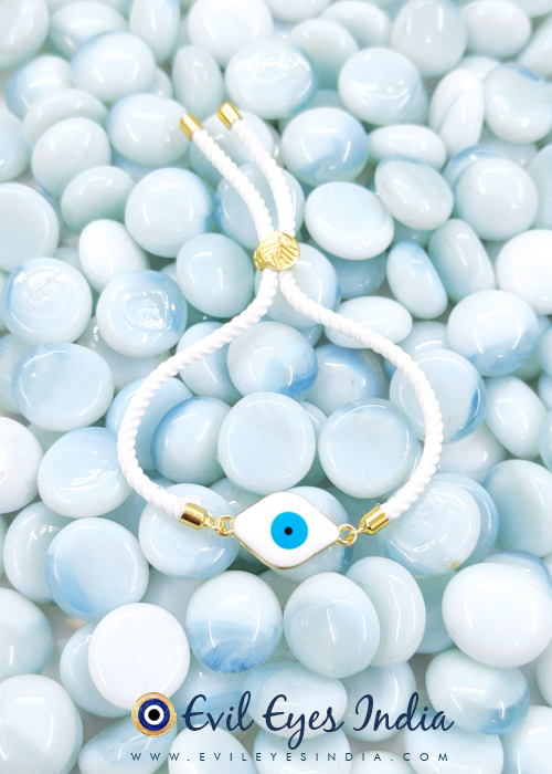 White Evil Eye Bracelet in Handmade Adjustable Cord