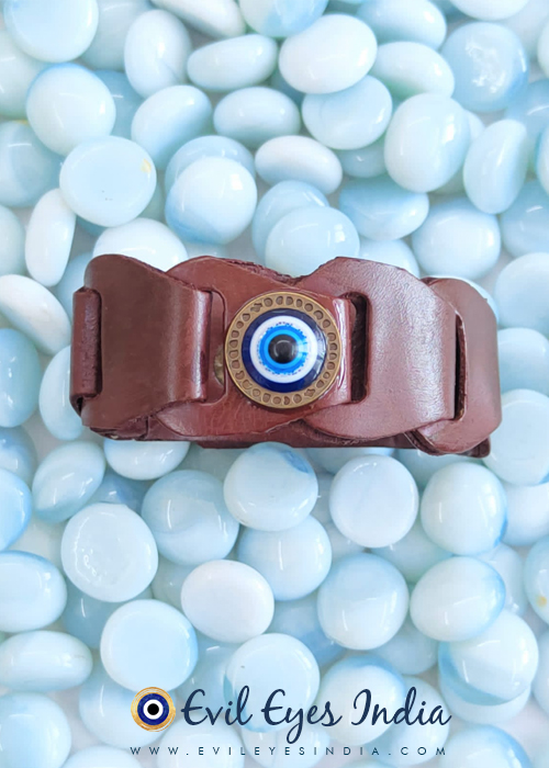 Faux Leather Evil Eye Wristband - Brown