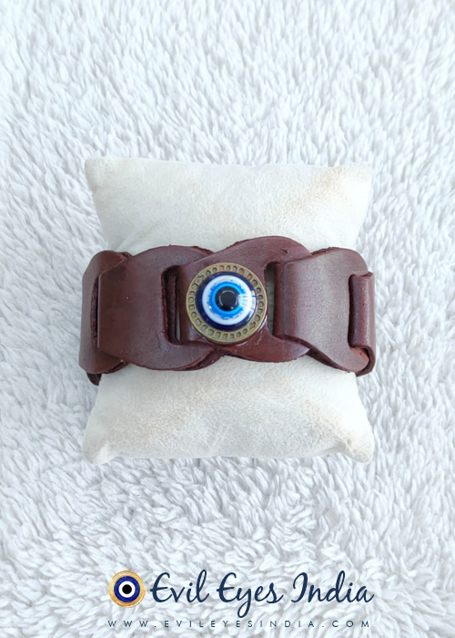 Faux Leather Evil Eye Wristband - Brown