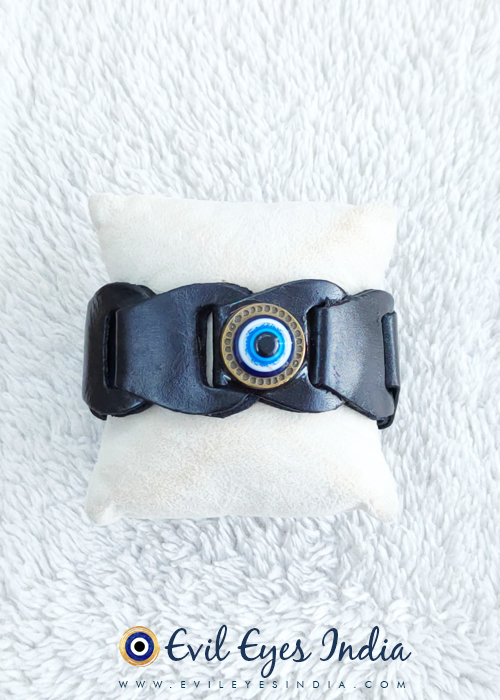 Faux Leather Evil Eye Wristband - Black