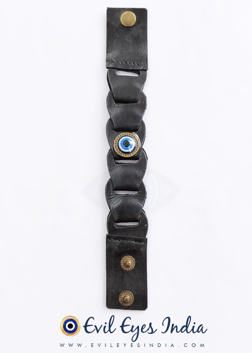 Faux Leather Evil Eye Wristband - Black