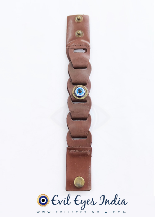 Faux Leather Evil Eye Wristband - Brown