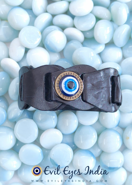 Faux Leather Evil Eye Wristband - Black