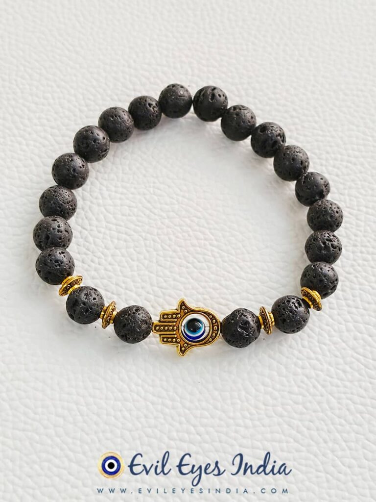 Hamsa Hand Evil Eye in Lava Beads Bracelet - Golden