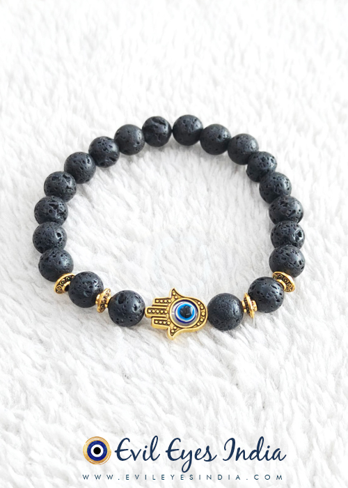 Hamsa Hand Evil Eye in Lava Beads Bracelet Golden