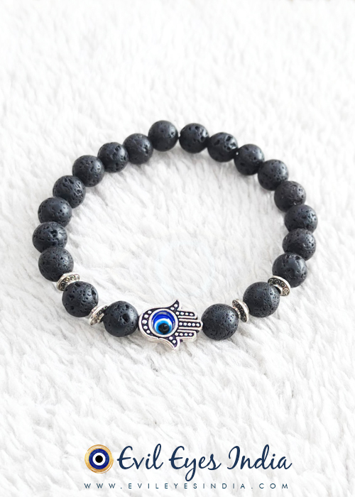 Hamsa Hand Evil Eye in Lava Beads Bracelet