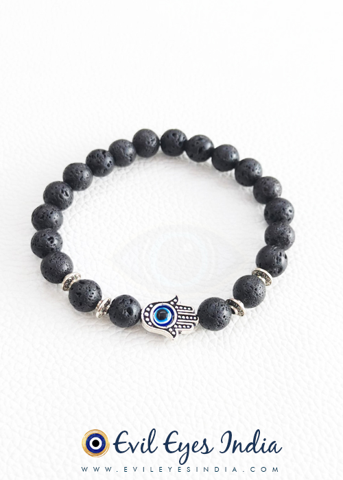 Hamsa Hand Evil Eye in Lava Beads Bracelet