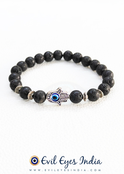 Hamsa Hand Evil Eye in Lava Beads Bracelet