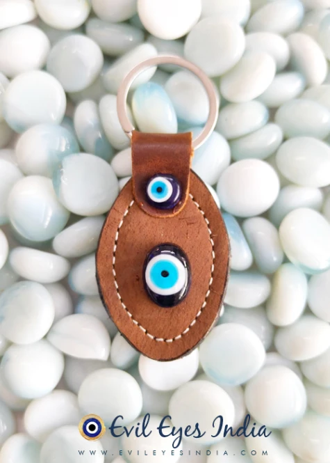 Faux Leather Evil Eye Keychain – Brown