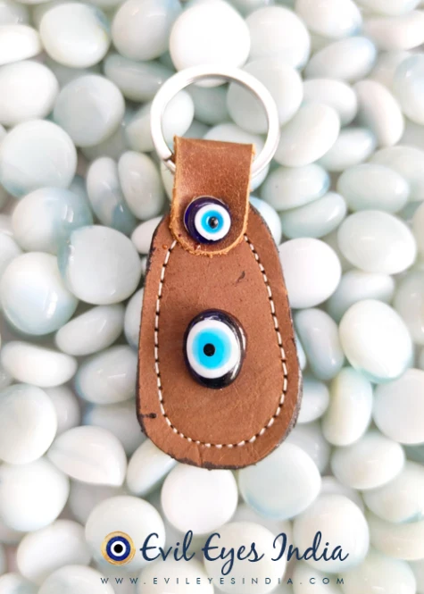 Faux Leather Evil Eye Keychain – Brown