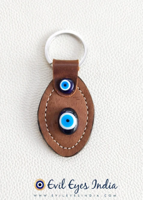 Faux Leather Evil Eye Keychain – Brown