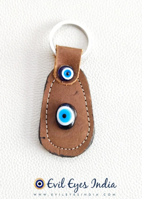 Faux Leather Evil Eye Keychain – Brown