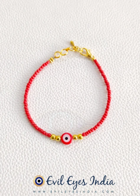 Evil Eye Bracelet with Seed Beads - Red