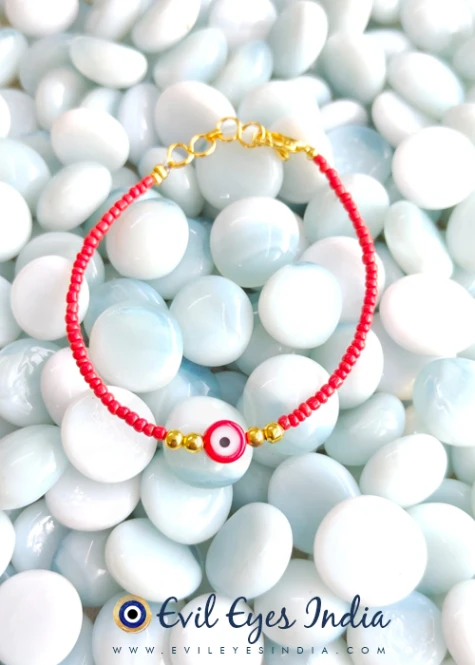 Evil Eye Bracelet with Seed Beads - Red