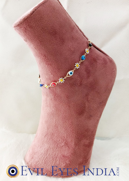 Evil Eye Anklet with Flower Charms - Anti-Tarnish