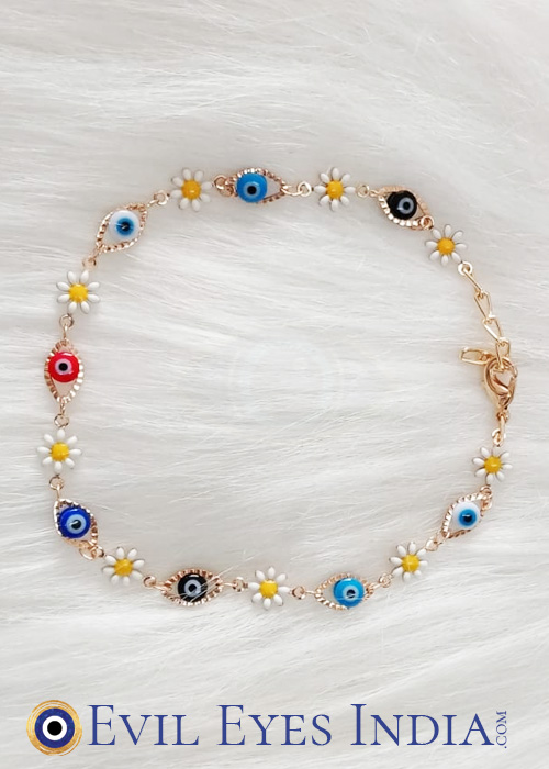 Evil Eye Anklet with Flower Charms - Anti-Tarnish