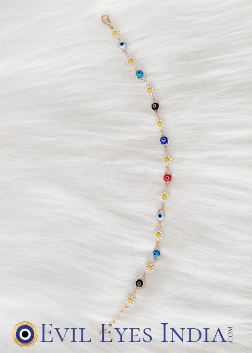 Evil Eye Anklet with Flower Charms - Anti-Tarnish