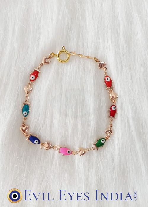 Evil Eyes Anklet with Fish Charms - Anti Tarnish