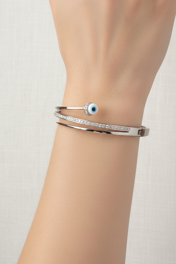 Dual-Layer Zircon Bangle with Minimal Evil Eye