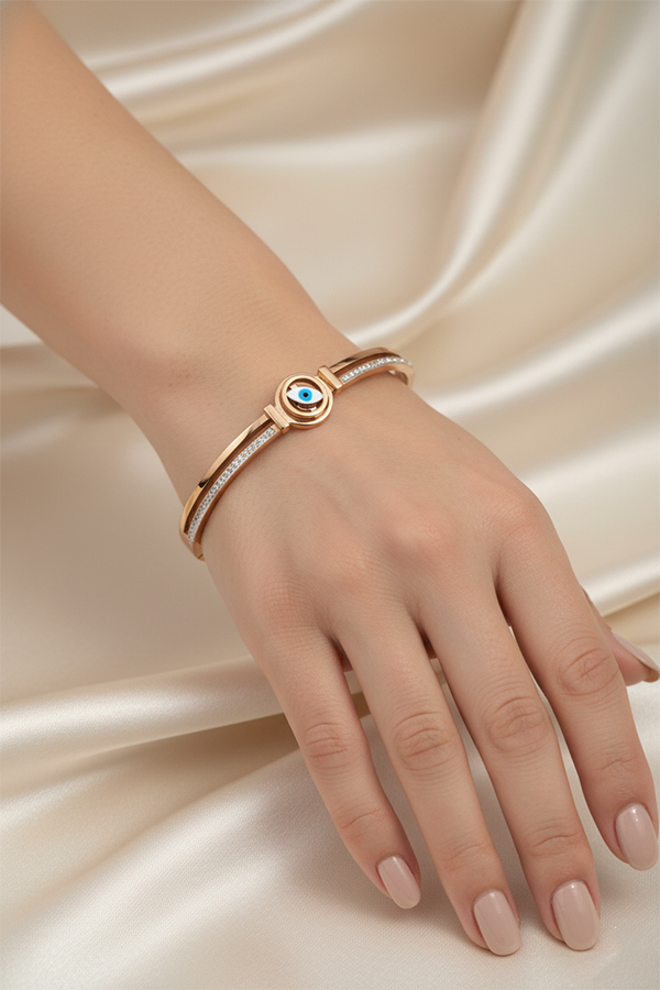 Rose Gold Evil Eye Bangle with Crystal Accents