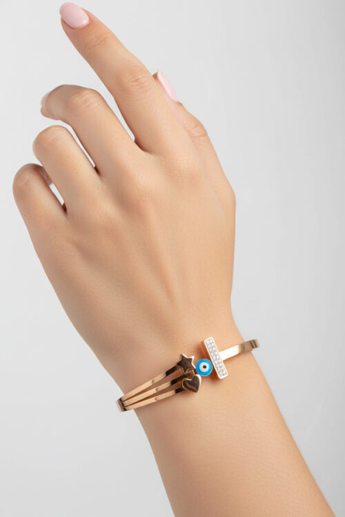 Rose Gold Evil Eye Bangle with Star & Crystal Bar Design
