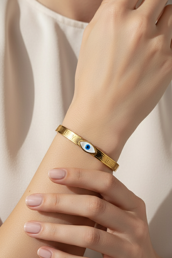 Gold Roman Numeral Evil Eye Bangle