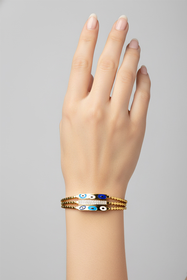 Triple-Layer Gold Evil Eye Bangle with Crystal Bar