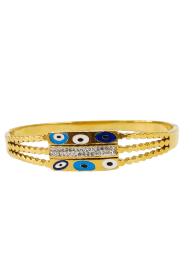 Triple-Layer Gold Evil Eye Bangle