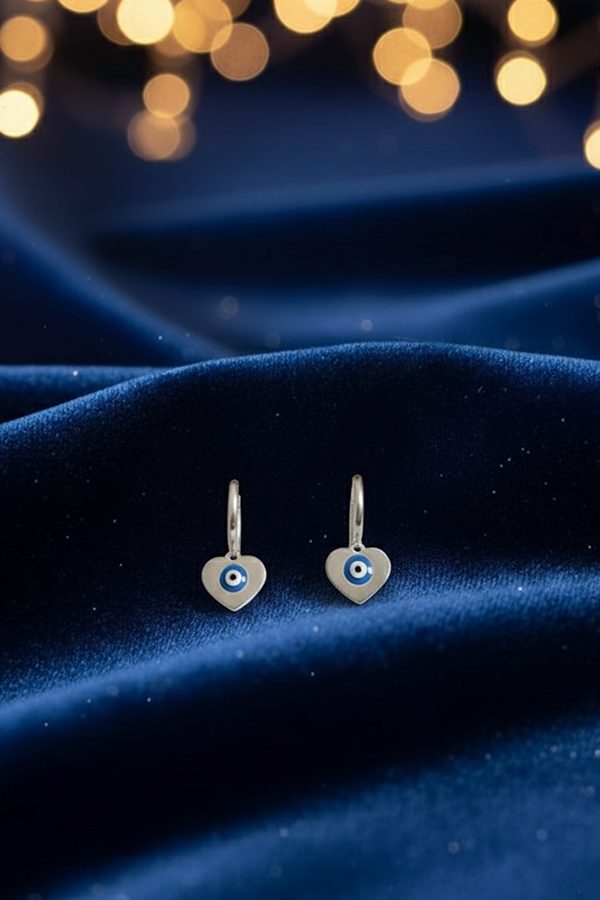 Silver Heart Blue Evil Eye Hoop Earrings – Elegant Charm of Protection