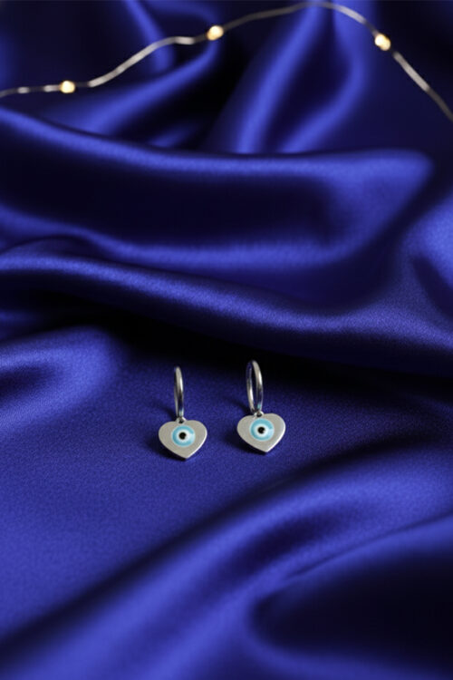 Silver Heart Sky Blue Evil Eye Hoop Earrings – Elegant Charm of Protection