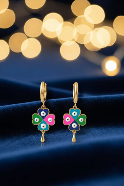 Golden Multicolor Clover Evil Eye Hoop Earrings – Vibrant Luck & Protection