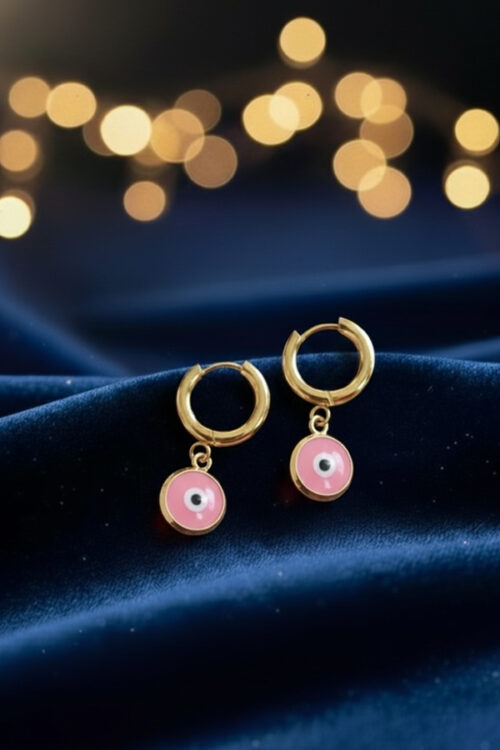 Elegant Gold Hoop Earrings with Pink Evil Eye Charm – Grace & Protection