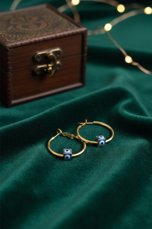Blue Evil Eye Cube Hoop Earrings – Gold-Plated Elegance for Everyday Protection